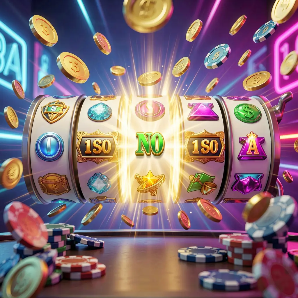 Konsep bonus putaran gratis kasino daring 4P4P menampilkan gulungan mesin slot berwarna-warni yang berputar dengan efek cahaya emas, koin beterbangan, simbol jackpot, dan chip kasino di latar belakang neon yang semarak dalam render 3D yang dinamis