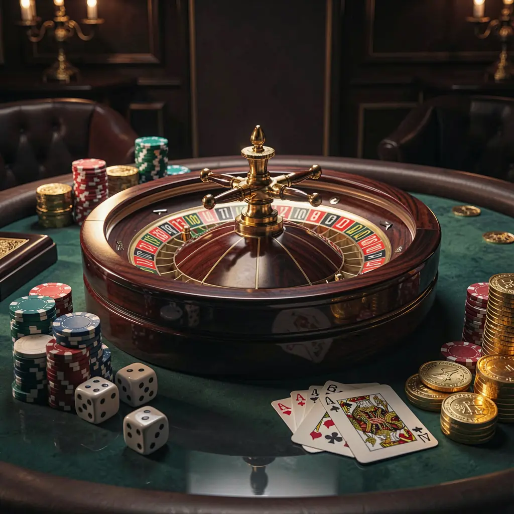 Adegan beranda kasino premium menampilkan roda roulette yang berputar di atas meja mengilap dengan chip poker, dadu, kartu, dan koin emas, berlatar belakang gelap yang elegan dengan pencahayaan sinematik, menampilkan atmosfer merek 4P4P