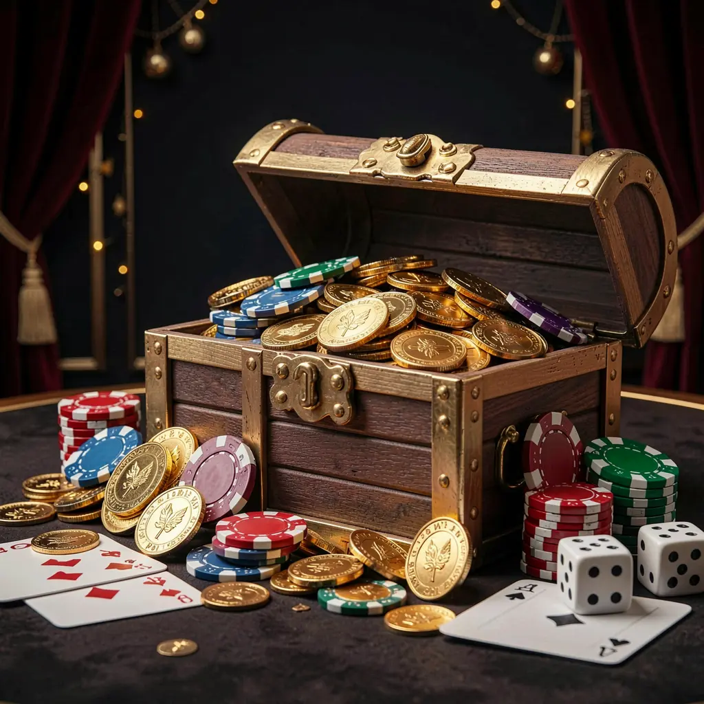 Spanduk selamat datang kasino daring 4P4P menampilkan peti harta karun berisi koin emas dan chip kasino, kartu remi dan dadu di dekatnya dengan latar belakang mewah yang gelap, menciptakan atmosfer premium yang meriah